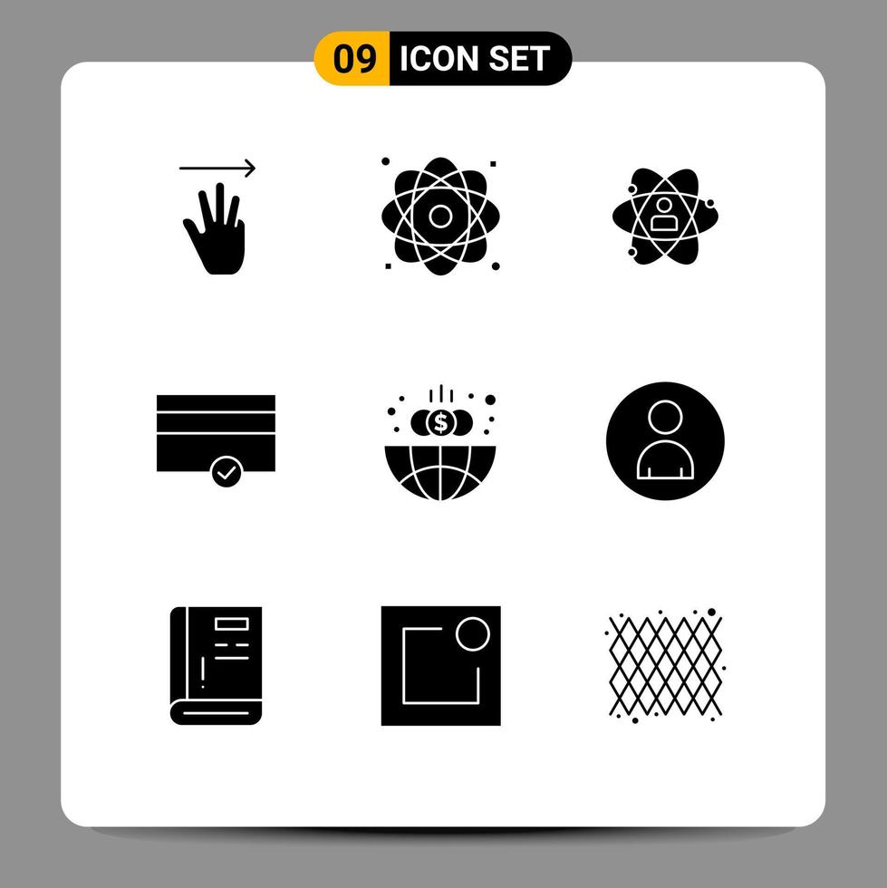 Mobile Interface Solid Glyph Set of 9 Pictograms of money talent power power person Editable Vector Design Elements