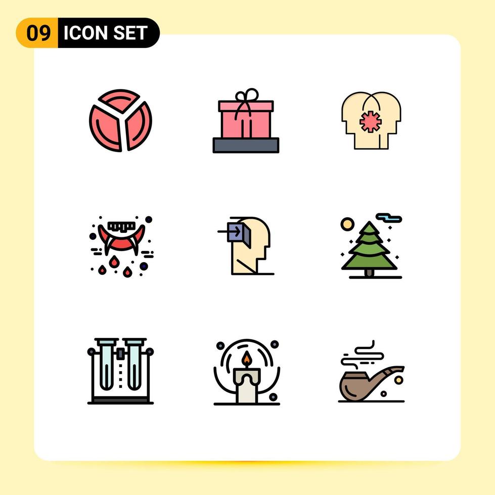 paquete de 9 signos y símbolos de colores planos de línea de relleno modernos para medios de impresión web como dientes de cerebro de vampiro humano elementos de diseño de vectores editables de Halloween