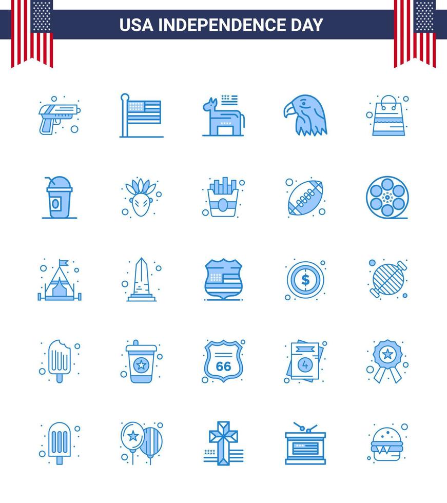 4th July USA Happy Independence Day Icon Symbols Group of 25 Modern Blues of money usa donkey eagle animal Editable USA Day Vector Design Elements