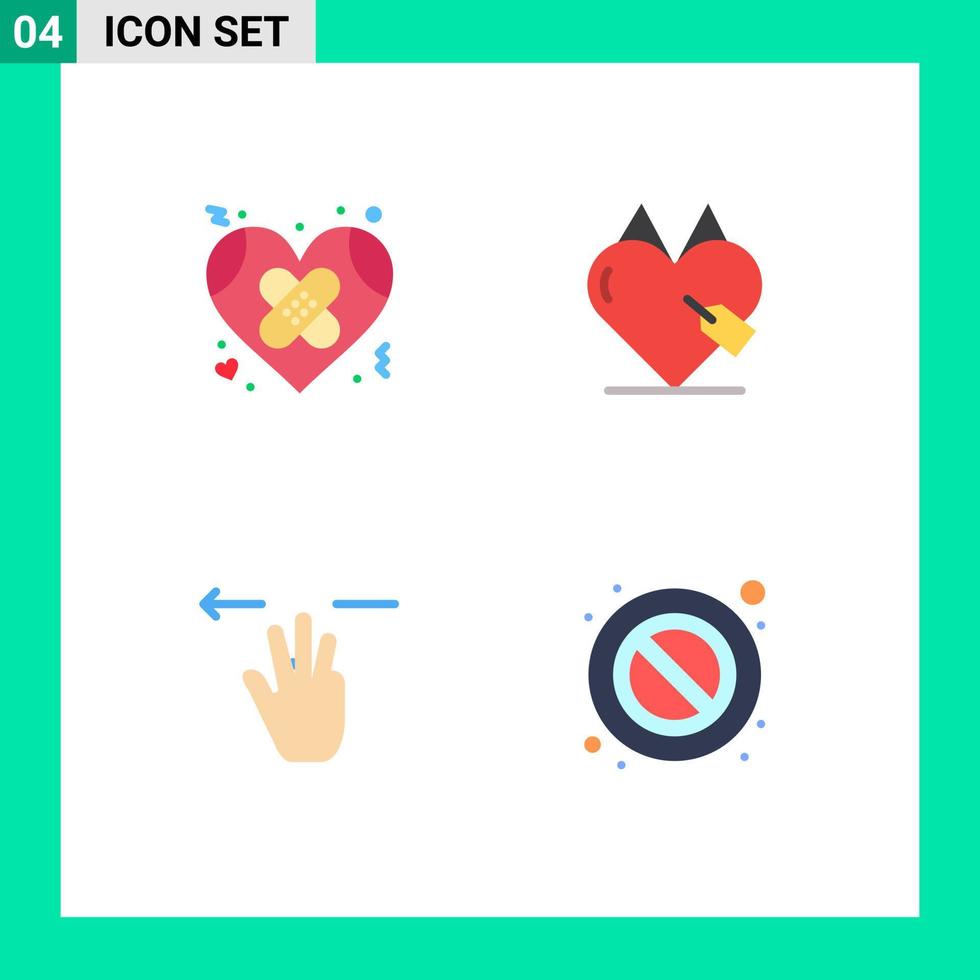 paquete de 4 signos y símbolos de iconos planos modernos para medios de impresión web, como el corazón favorito del vendaje y los elementos de diseño vectorial editables a mano vector