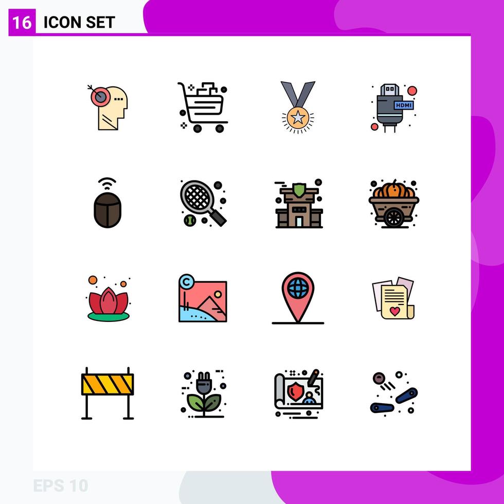 16 Universal Flat Color Filled Lines Set for Web and Mobile Applications hdmi cable gift ribbon rank Editable Creative Vector Design Elements