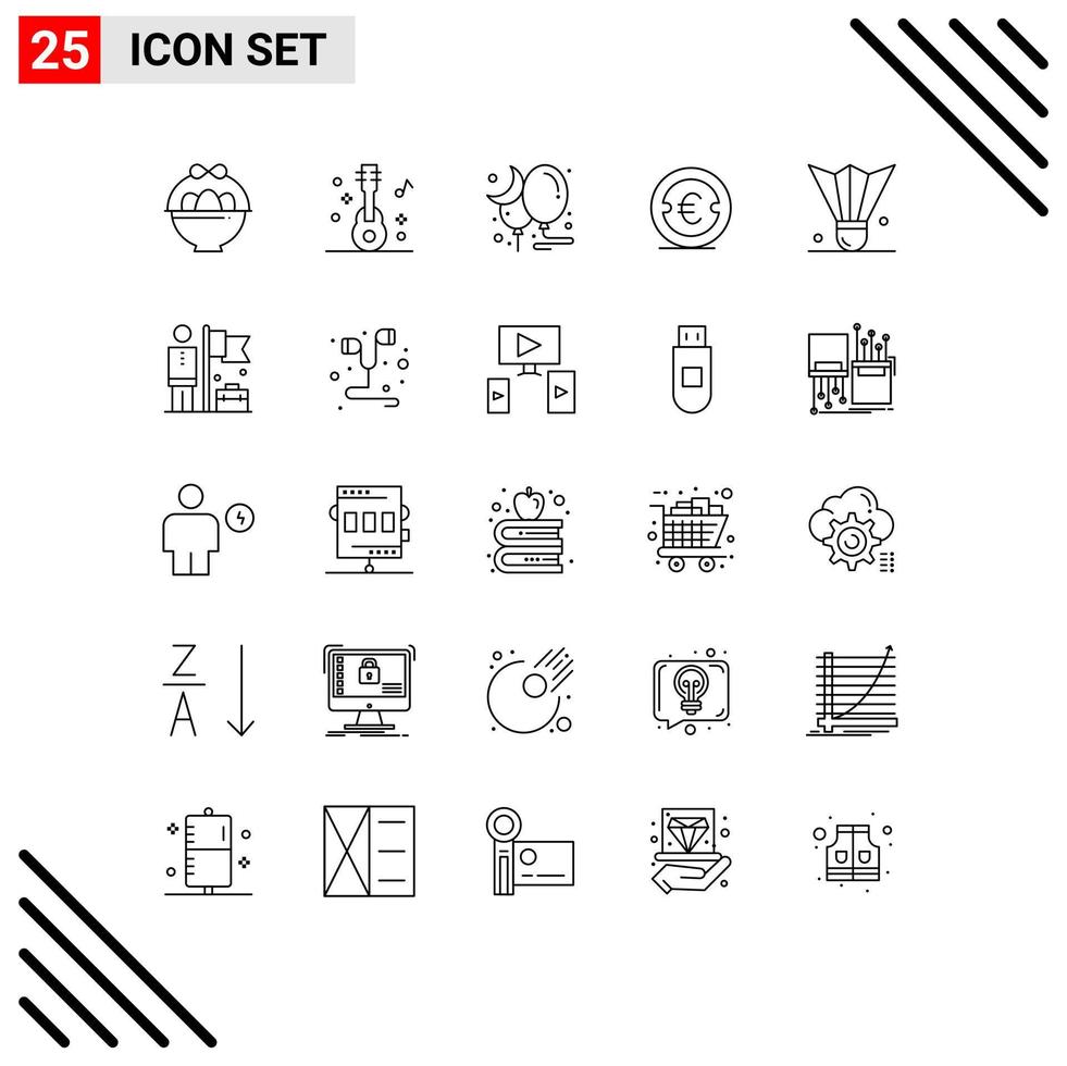 Modern Set of 25 Lines Pictograph of badminton birdie money moon investment euro Editable Vector Design Elements