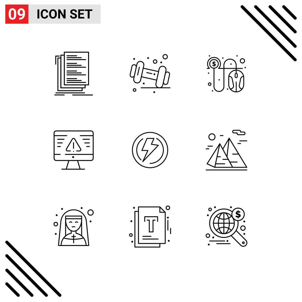 9 User Interface Outline Pack of modern Signs and Symbols of bolt error gym security cash Editable Vector Design Elements