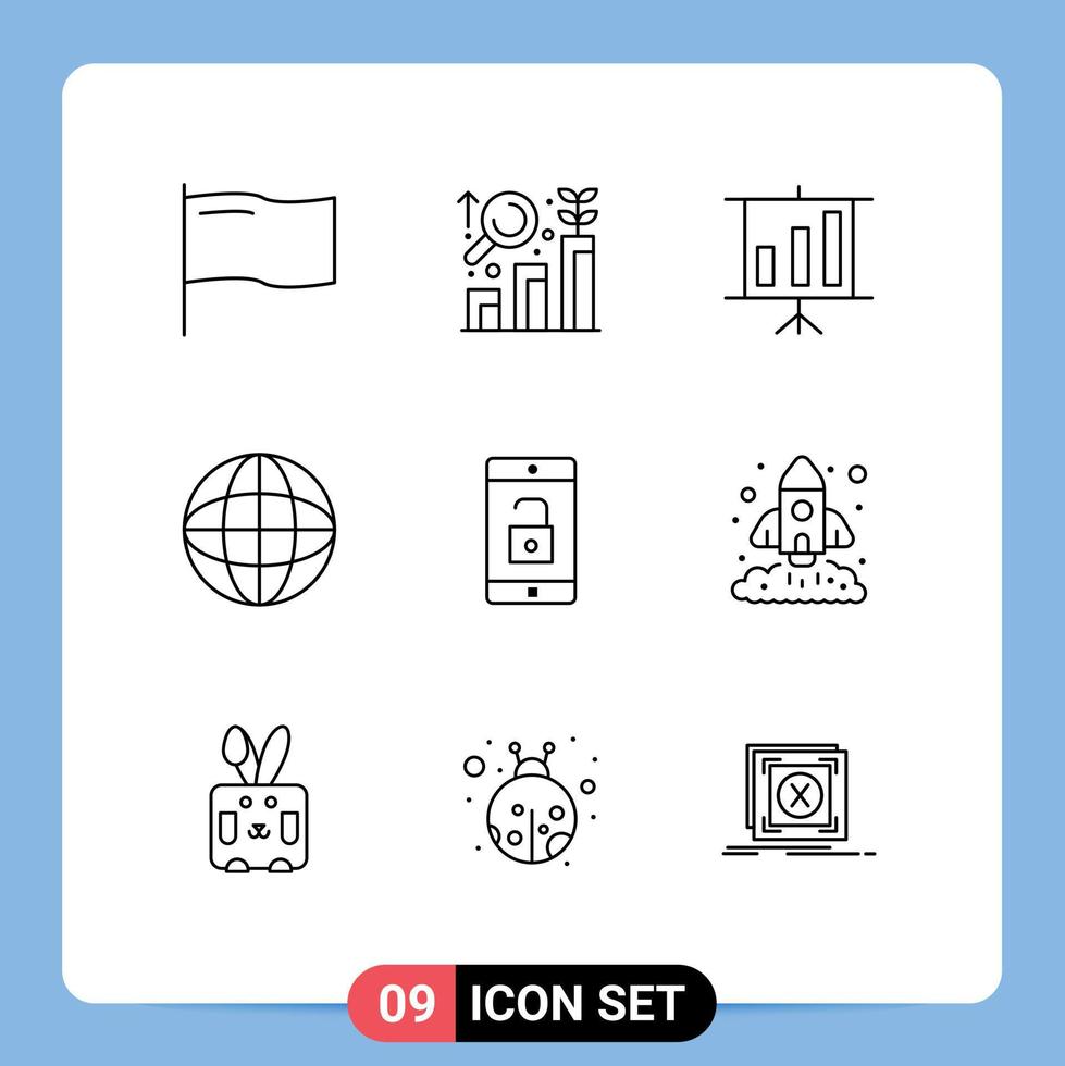 Outline Pack of 9 Universal Symbols of unlock mobile chart application media player Editable Vector Design Elements