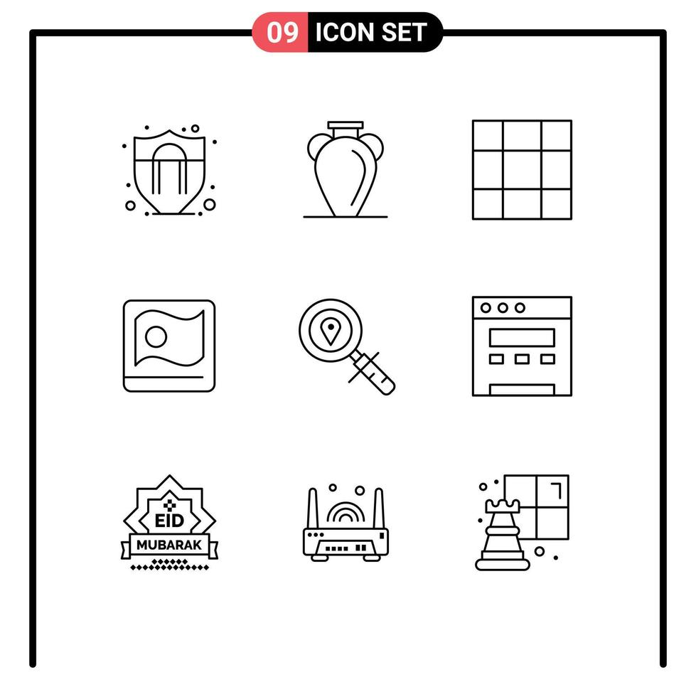 Group of 9 Modern Outlines Set for navigation location grid map asian Editable Vector Design Elements