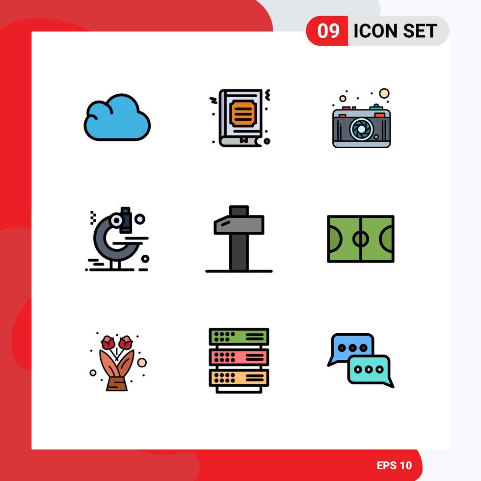 9 User Interface Filledline Flat Color Pack of modern Signs and Symbols of tools carpentry camera research examination Editable Vector Design Elements