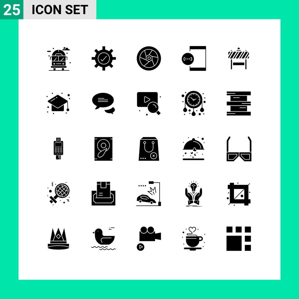 Modern Set of 25 Solid Glyphs Pictograph of board device movie development coding Editable Vector Design Elements