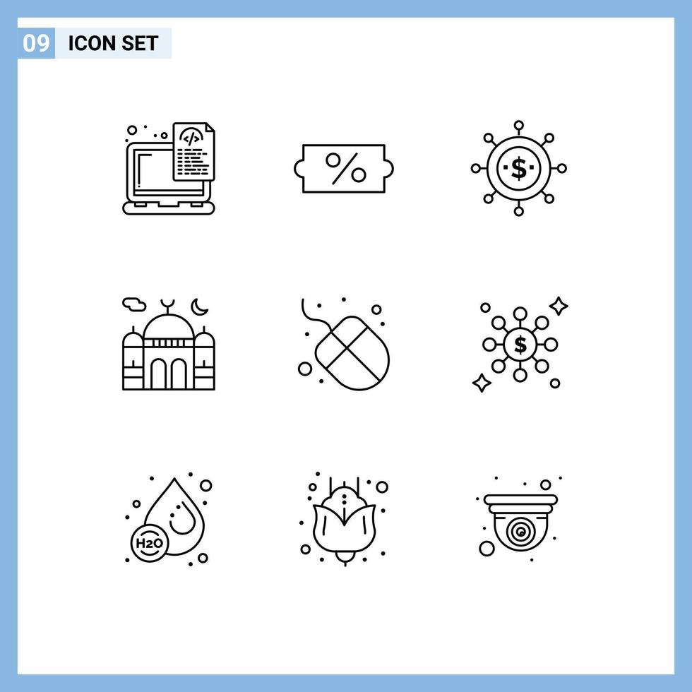 Pictogram Set of 9 Simple Outlines of computer moon business islam mosque Editable Vector Design Elements