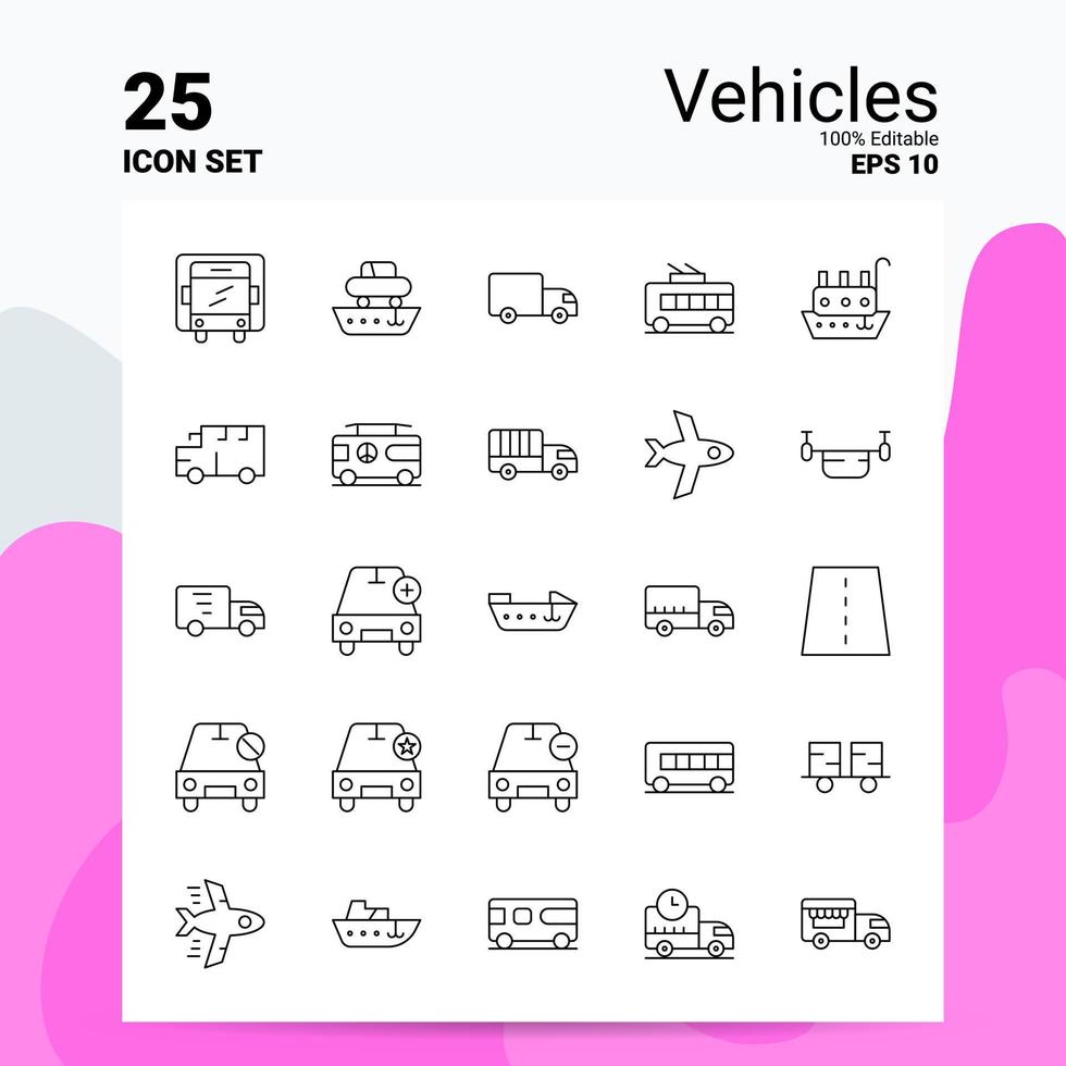 Conjunto de iconos de 25 vehículos 100 archivos editables eps 10 concepto de logotipo de empresa ideas diseño de icono de línea vector