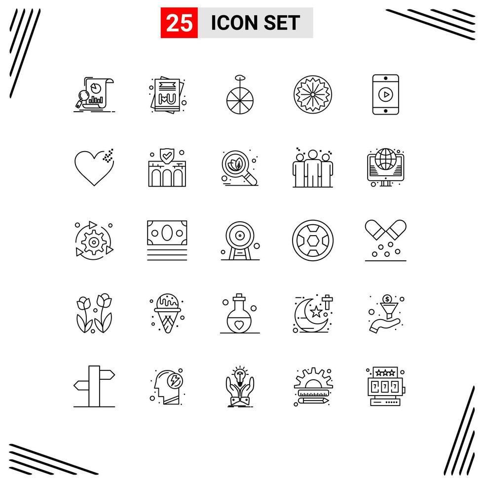 Universal Icon Symbols Group of 25 Modern Lines of video mobile wheel day flag Editable Vector Design Elements