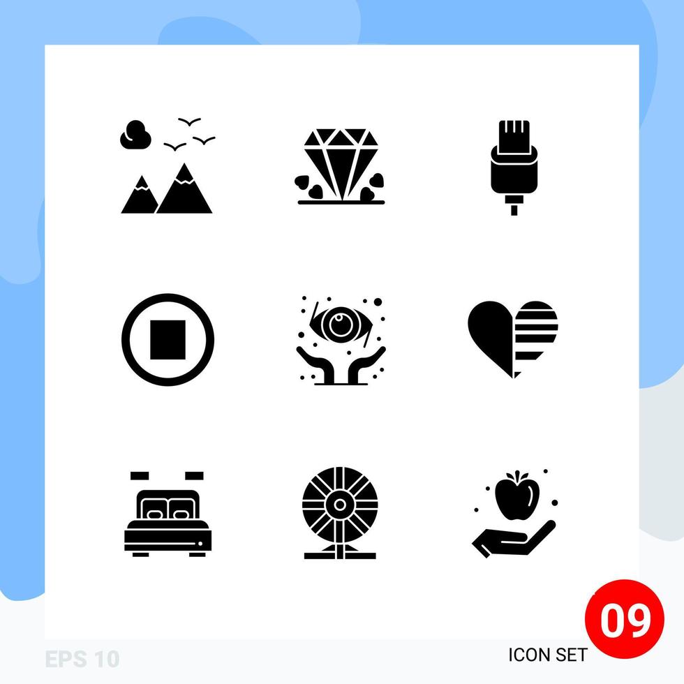 Pictogram Set of 9 Simple Solid Glyphs of ophthalmology protect cable stop media Editable Vector Design Elements