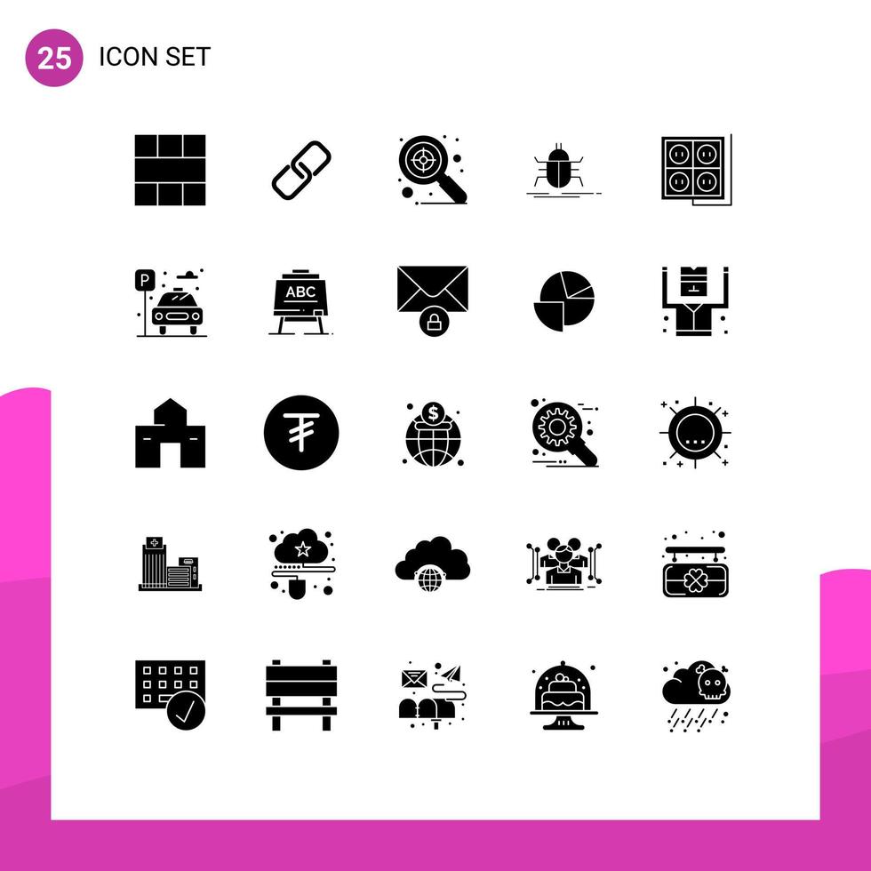 Group of 25 Modern Solid Glyphs Set for building testing metal insect bug Editable Vector Design Elements