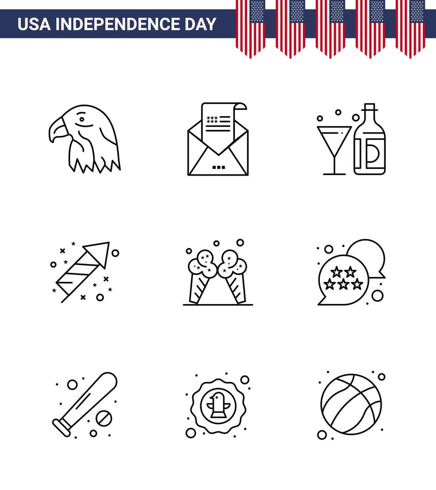 conjunto de 9 iconos del día de estados unidos símbolos americanos signos del día de la independencia para festividad festiva celebración de correo botella elementos de diseño de vector de día de estados unidos editables