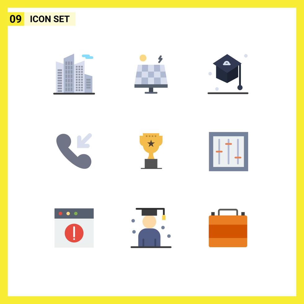 9 User Interface Flat Color Pack of modern Signs and Symbols of reward top graduation award call Editable Vector Design Elements