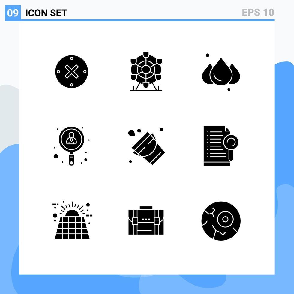 Set of 9 Commercial Solid Glyphs pack for firefighter bucket rain job search Editable Vector Design Elements