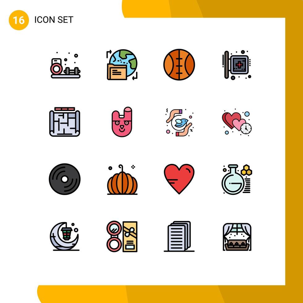 Modern Set of 16 Flat Color Filled Lines Pictograph of building architecture baseball hospital medical Editable Creative Vector Design Elements