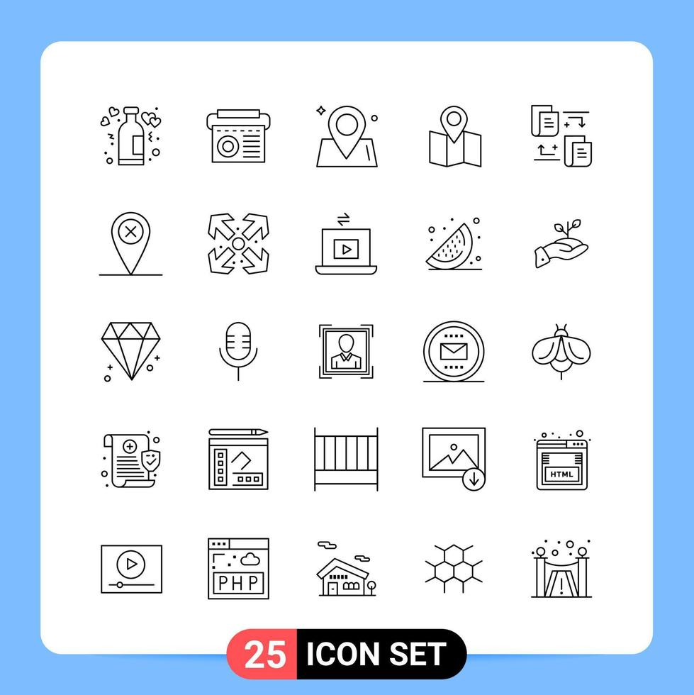 Paquete de iconos negros de 25 líneas símbolos de esquema para aplicaciones móviles aisladas sobre fondo blanco vector