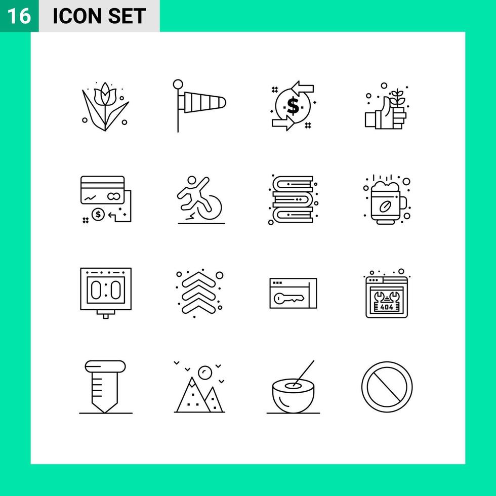 Pack of 16 Modern Outlines Signs and Symbols for Web Print Media such as card hand back safe earth Editable Vector Design Elements