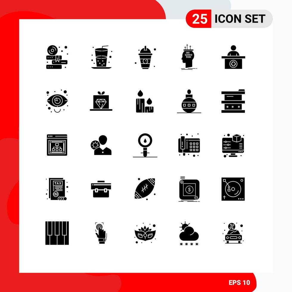 Solid Glyph Pack of 25 Universal Symbols of business receptionist algorithm reception thinking Editable Vector Design Elements