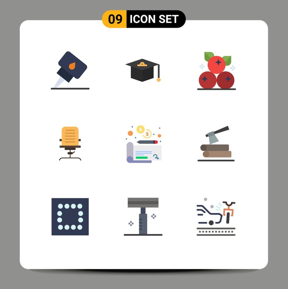 User Interface Pack of 9 Basic Flat Colors of money office fruit furniture business Editable Vector Design Elements