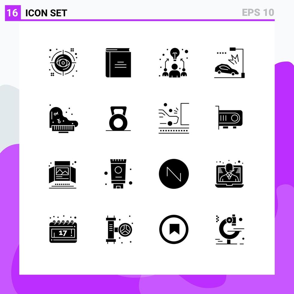 User Interface Pack of 16 Basic Solid Glyphs of lamppost car open book accident team Editable Vector Design Elements