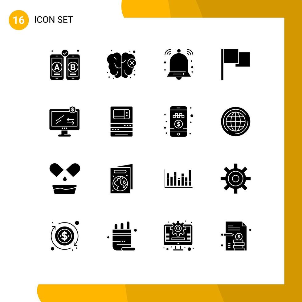16 glifos sólidos universales establecidos para aplicaciones web y móviles cajero automático notificación de comercio electrónico monitor ui elementos de diseño vectorial editables vector