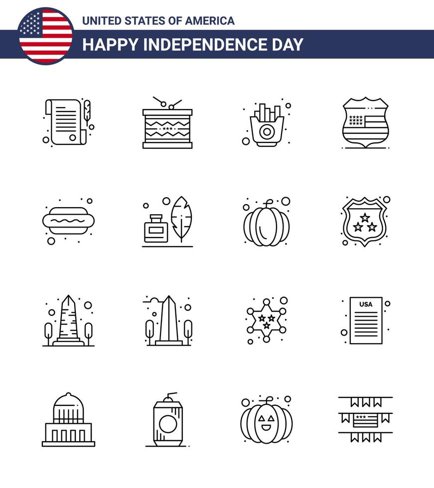 Set of 16 USA Day Icons American Symbols Independence Day Signs for dog security fast usa shield Editable USA Day Vector Design Elements