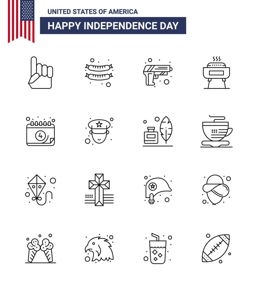 4 de julio estados unidos feliz día de la independencia icono símbolos grupo de 16 líneas modernas de fecha celebración de vacaciones de seguridad estadounidense editable día de estados unidos elementos de diseño vectorial vector