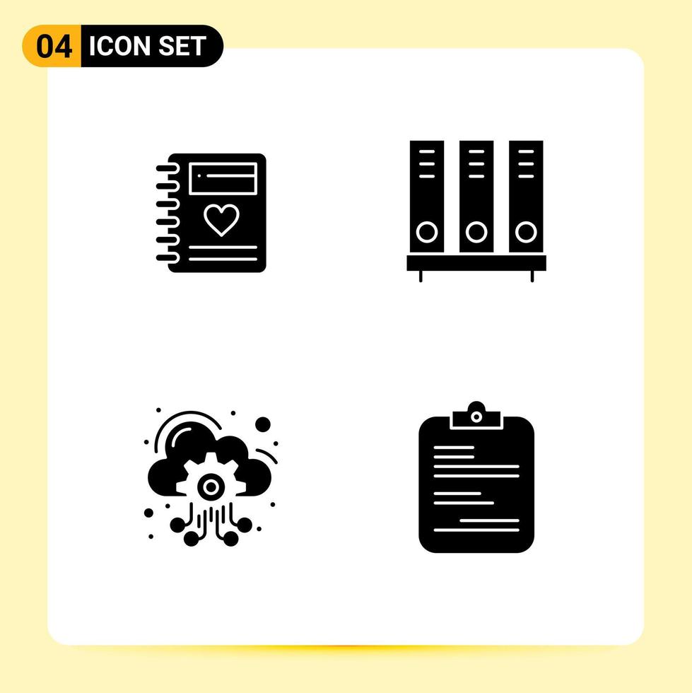 Editable Vector Line Pack of 4 Simple Solid Glyphs of notebook cloud wedding database hosting server Editable Vector Design Elements