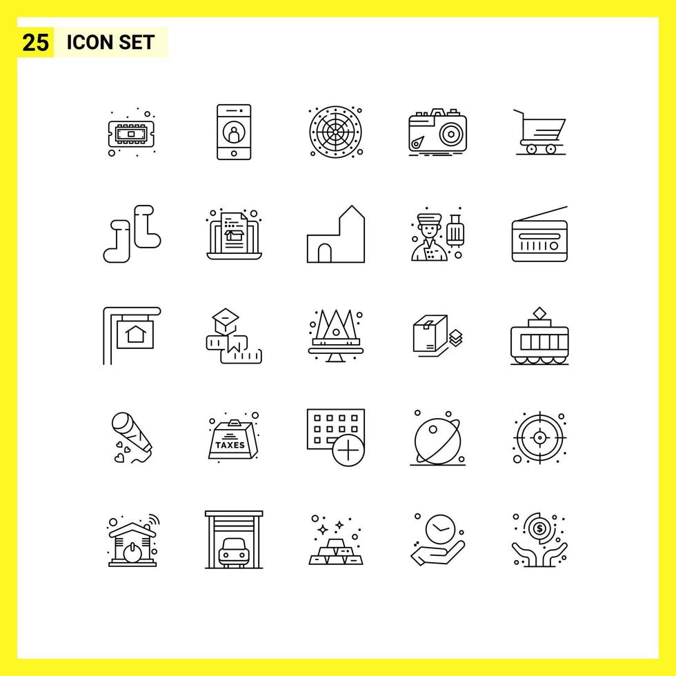 User Interface Pack of 25 Basic Lines of aperture capture phone photography play Editable Vector Design Elements