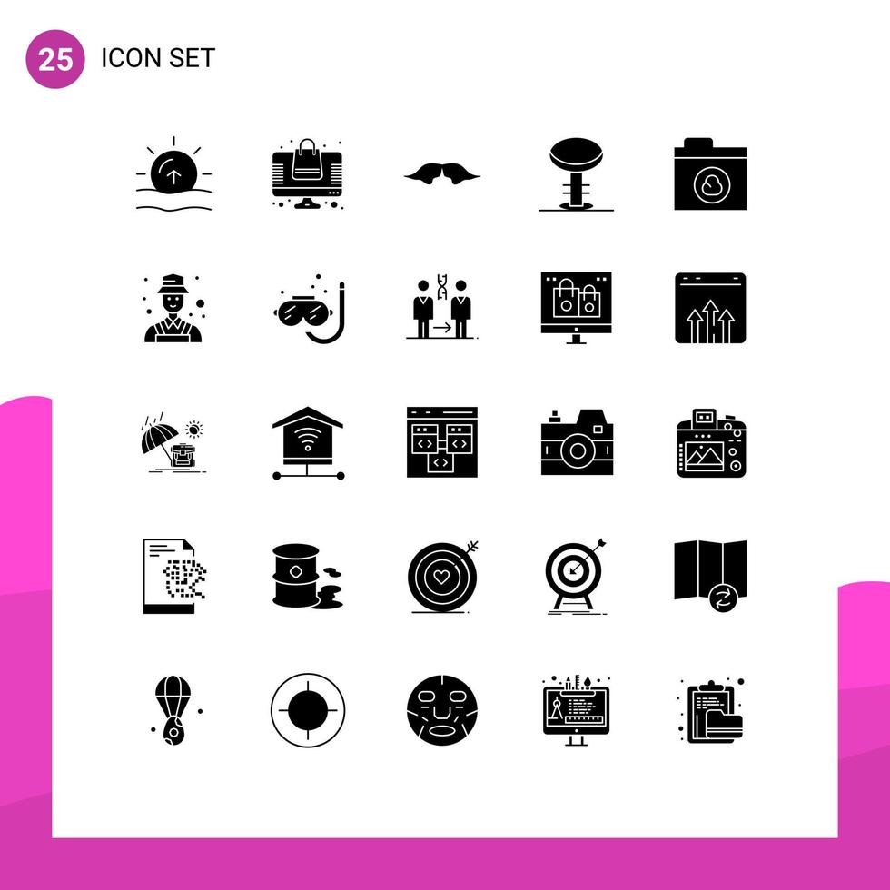 User Interface Pack of 25 Basic Solid Glyphs of cloud interior moustache furniture men Editable Vector Design Elements