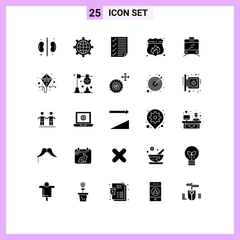 25 Universal Solid Glyphs Set for Web and Mobile Applications tramway shield check protection report Editable Vector Design Elements