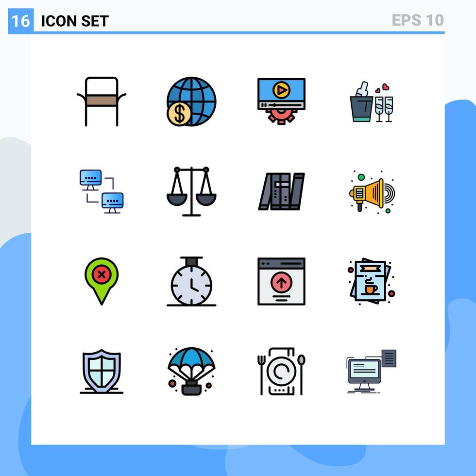paquete de 16 líneas llenas de colores planos modernos, signos y símbolos para medios de impresión web, como el amor por la computadora, el diseño de vidrio en todo el mundo, elementos de diseño de vectores creativos editables