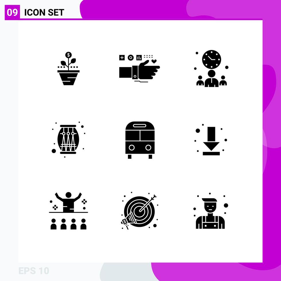 Modern Set of 9 Solid Glyphs and symbols such as drum office monitoring meeting pulse Editable Vector Design Elements