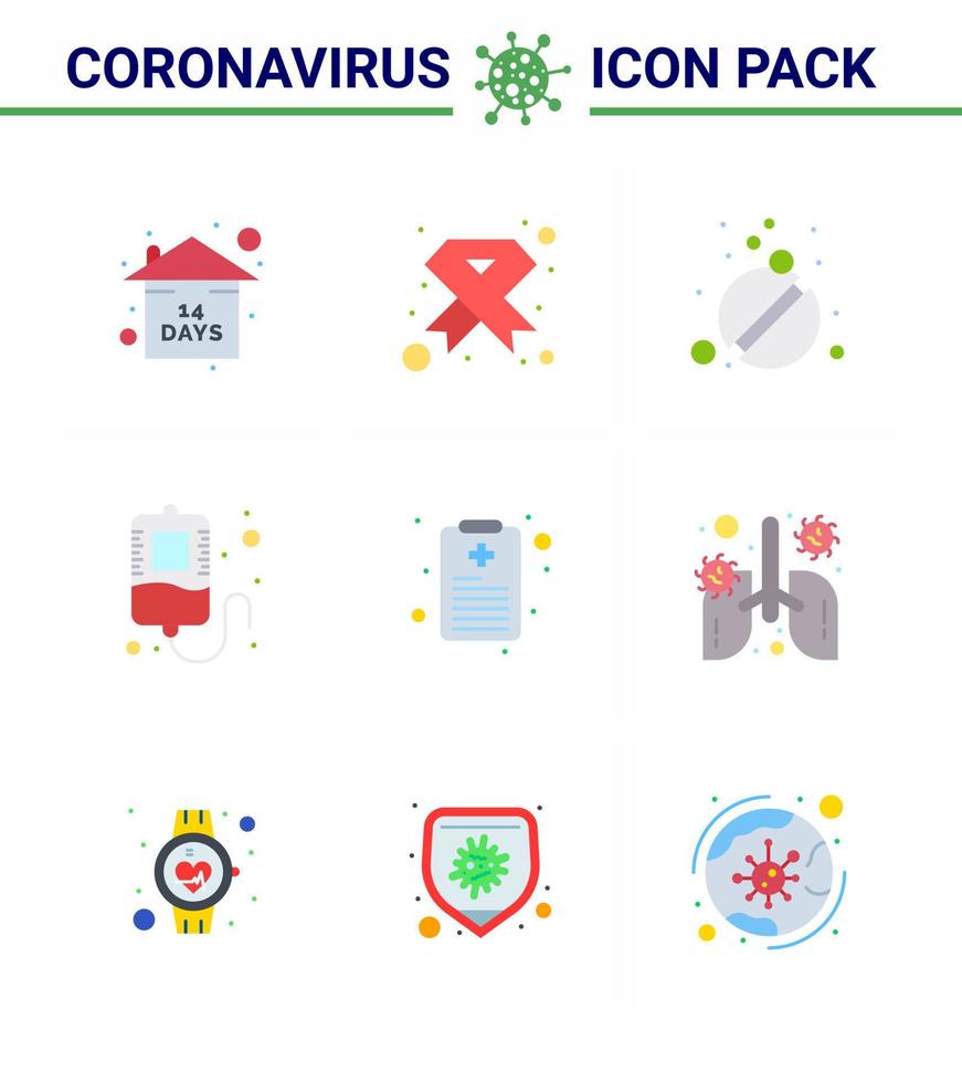 9 Flat Color Set of corona virus epidemic icons such as  health chart transfusion ribbon blood tablets viral coronavirus 2019nov disease Vector Design Elements