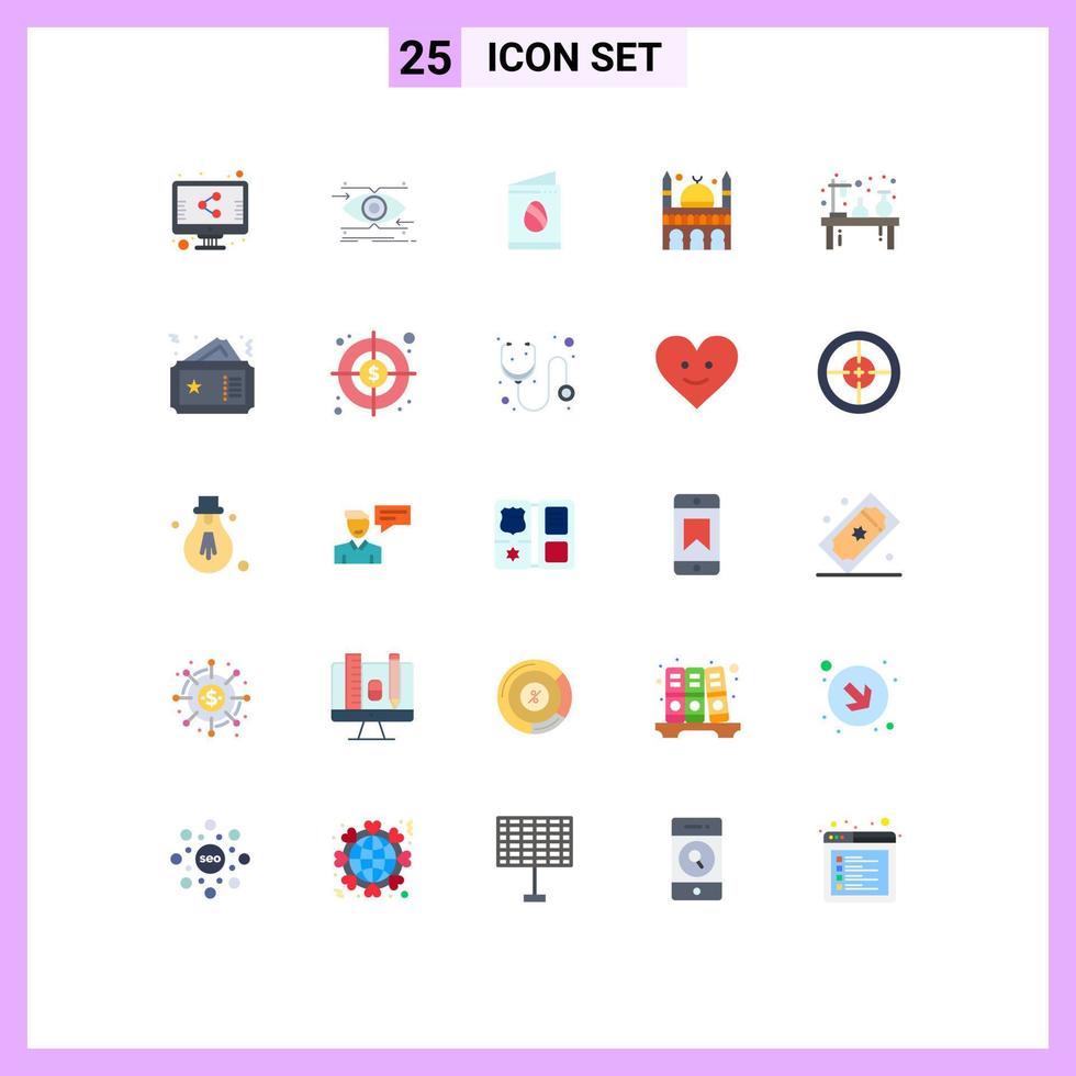 Pack of 25 creative Flat Colors of flask chemistry card muslim building Editable Vector Design Elements