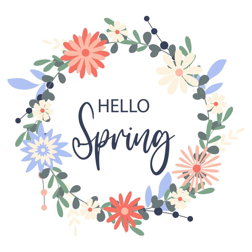 Hello spring flower wreath. Card with herbal flowers and greeting vector