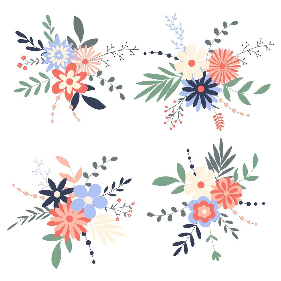 conjunto de ramos de flores. composición de flores y hierbas vector