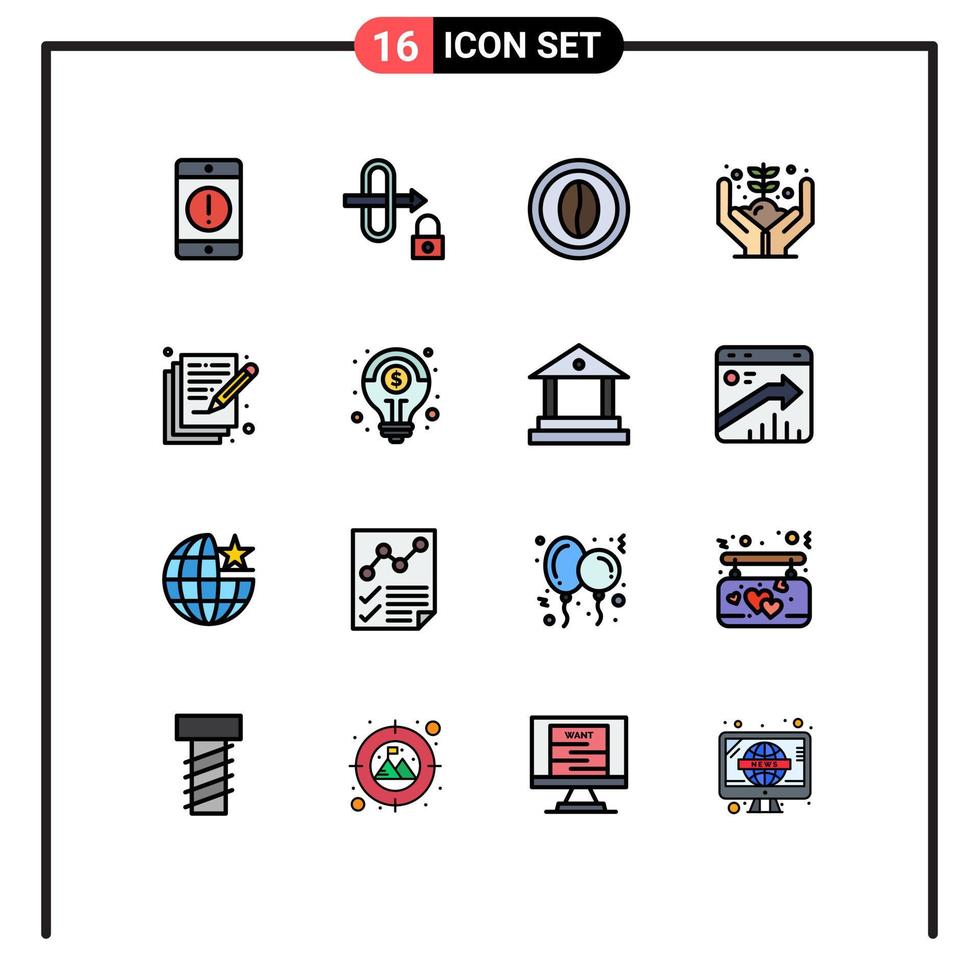 16 Universal Flat Color Filled Line Signs Symbols of poetry money coffee hand grain Editable Creative Vector Design Elements