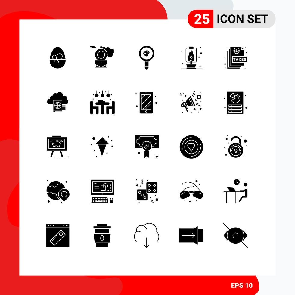 Pack of 25 creative Solid Glyphs of page document biology theorem action camping Editable Vector Design Elements