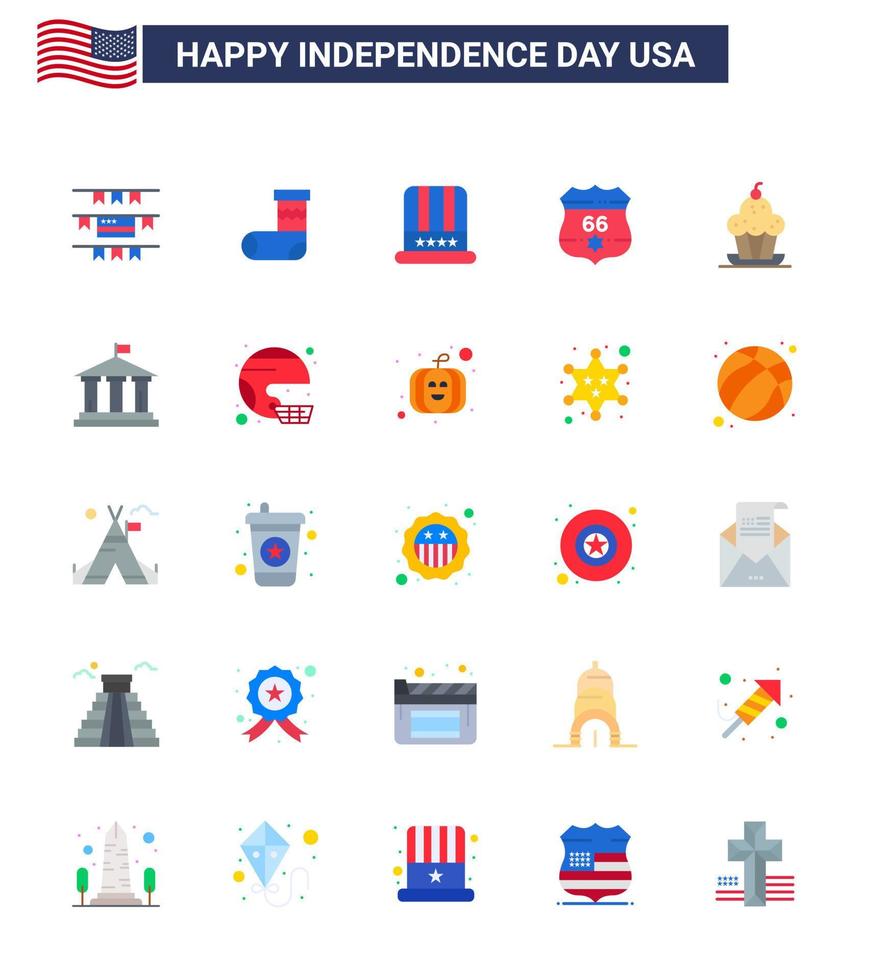 25 USA Flat Pack of Independence Day Signs and Symbols of muffin cake cap security shield Editable USA Day Vector Design Elements