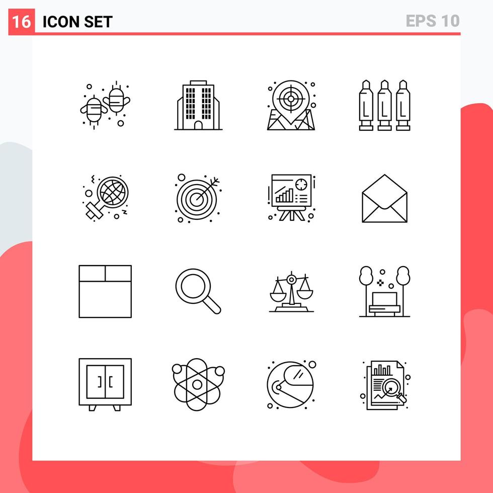 16 Universal Outline Signs Symbols of international weapon map shoot bullet Editable Vector Design Elements