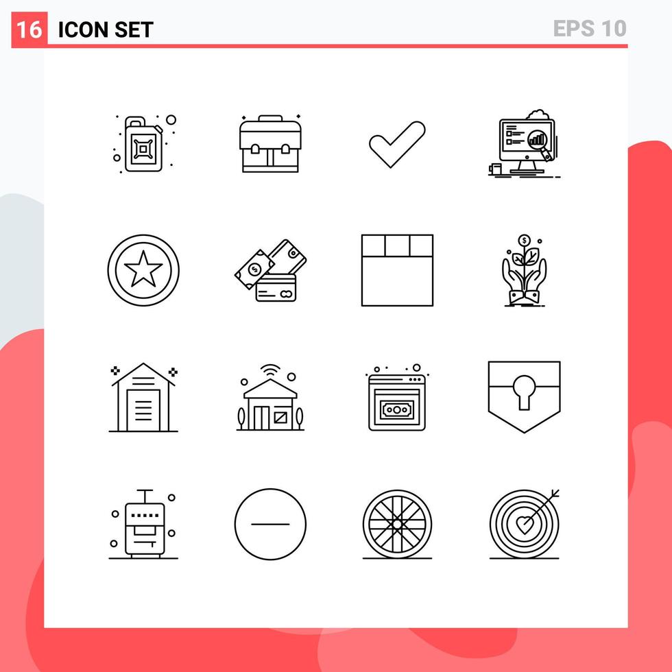 Group of 16 Modern Outlines Set for credit card favorite tick statistics presentation Editable Vector Design Elements