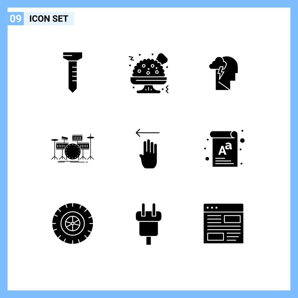 Pack of 9 Modern Solid Glyphs Signs and Symbols for Web Print Media such as letter gesture drum four musical Editable Vector Design Elements