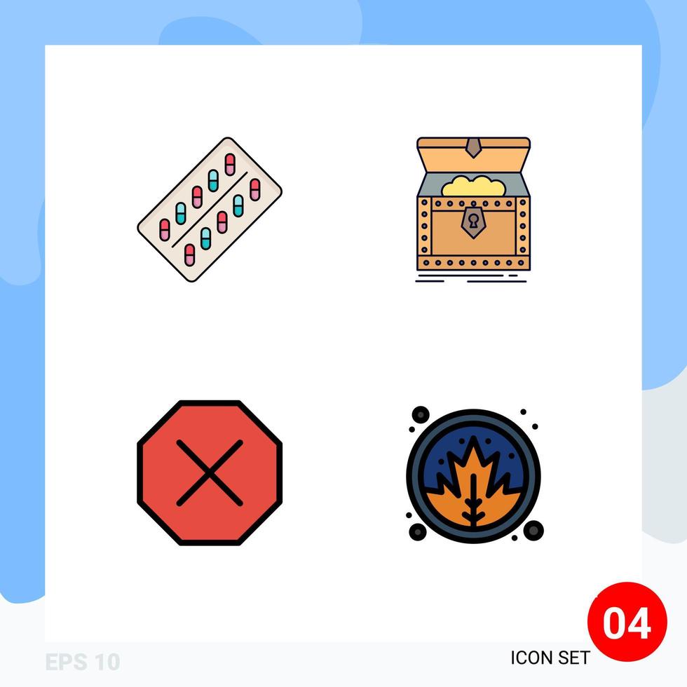 Pictogram Set of 4 Simple Filledline Flat Colors of medicine treasure tablet chest delete Editable Vector Design Elements