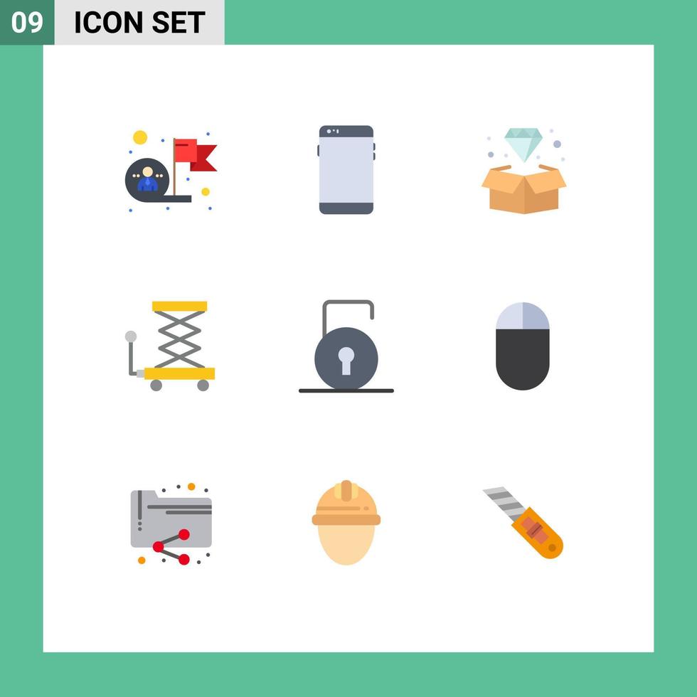 Mobile Interface Flat Color Set of 9 Pictograms of scissor construction huawei car jewel Editable Vector Design Elements