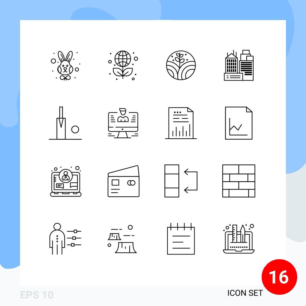 16 iconos creativos, signos y símbolos modernos de tocones, entorno de cricket, oficina de trabajo, elementos de diseño vectorial editables vector