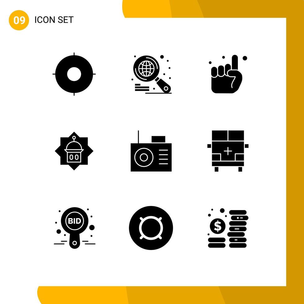 9 Thematic Vector Solid Glyphs and Editable Symbols of radio star pray islam tower Editable Vector Design Elements