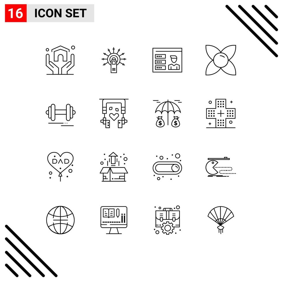 Pack of 16 Modern Outlines Signs and Symbols for Web Print Media such as dumbbell herb touch here flower id Editable Vector Design Elements