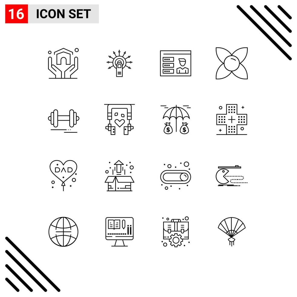 paquete de 16 signos y símbolos de contornos modernos para medios de impresión web, como toque de hierba con mancuernas aquí, elementos de diseño de vectores editables de identificación de flores